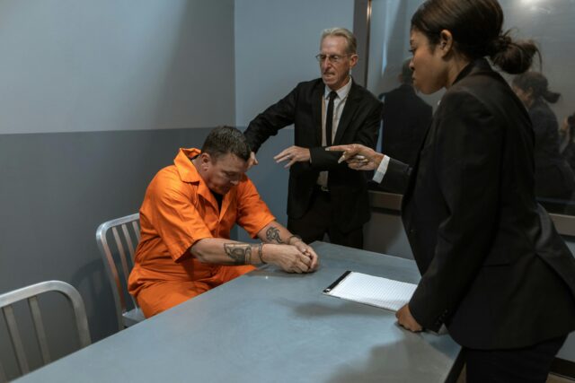 man in orange jumpsuit being interrogated